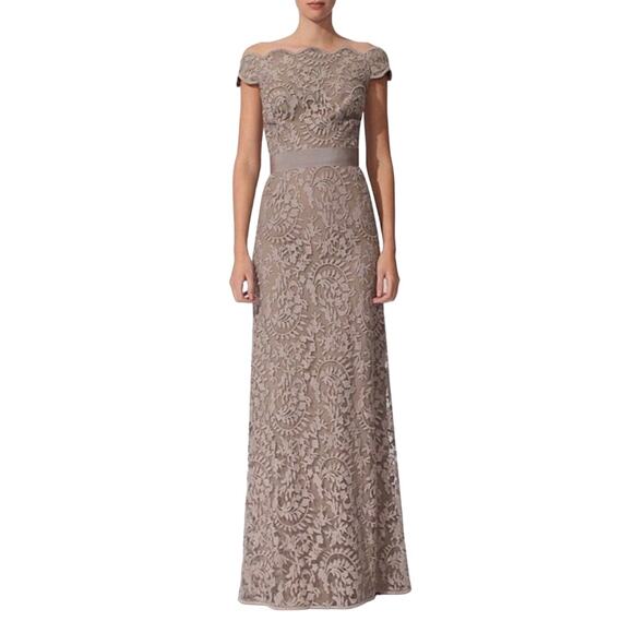 Tadashi Shoji Embroidered Tulle Off The Shoulder Gown Belted Lace Sz 16 Goddess - Picture 1 of 11